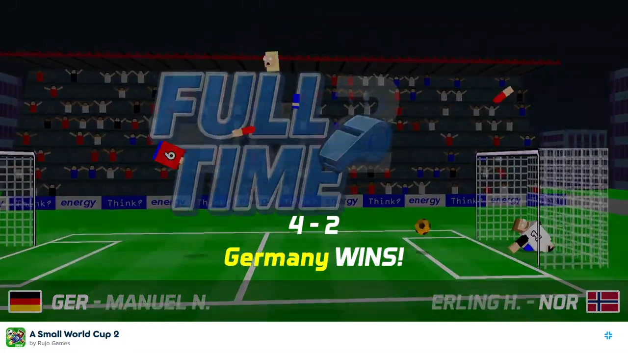Full Time shows Germany wins 4–2 with Manuel N. and Erling H. still named on the HUD